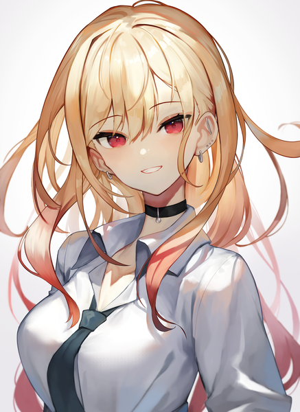 Anime picture 1820x2500 with sono bisque doll wa koi wo suru cloverworks kitagawa marin scottie (phantom2) single long hair tall image looking at viewer fringe highres simple background blonde hair smile hair between eyes red eyes white background upper body grin piercing ear piercing