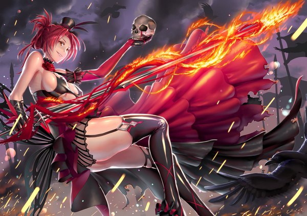 Anime picture 2048x1448 with honkai impact 3rd benghuai xueyuan honkai (series) murata himeko gotointhepark single looking at viewer fringe highres short hair breasts light erotic smile large breasts holding sky cloud (clouds) bent knee (knees) ass red hair