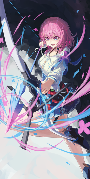 Anime picture 2263x4484 with honkai: star rail honkai (series) march 7th (honkai: star rail) muginosa single tall image fringe highres short hair open mouth hair between eyes looking away pink hair :d pink eyes from above archery girl weapon bow (weapon)