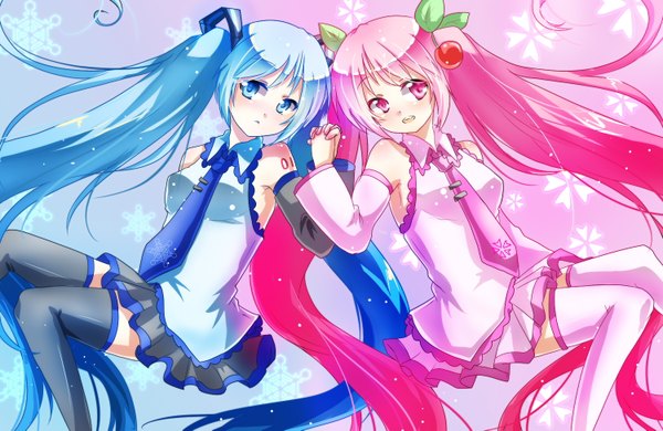 Anime picture 1500x975 with vocaloid hatsune miku yuki miku sakura miku tagme (artist) long hair blue eyes twintails multiple girls blue hair pink hair pink eyes holding hands girl thighhighs skirt 2 girls detached sleeves miniskirt necktie