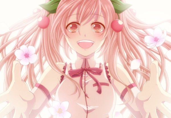 Anime picture 1300x900 with vocaloid hatsune miku sakura miku yuha (yh-krm) single long hair looking at viewer blush open mouth simple background smile red eyes white background twintails bare shoulders pink hair upper body :d floating hair outstretched hand