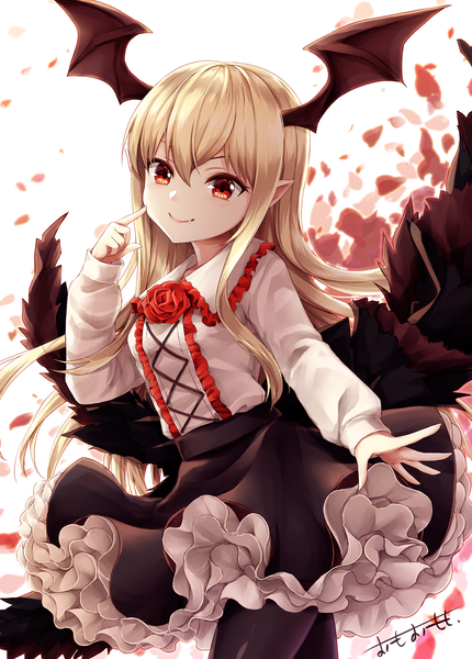 Anime picture 1920x2679 with granblue fantasy vampy omoomomo single long hair tall image looking at viewer fringe highres breasts simple background blonde hair smile hair between eyes red eyes standing white background signed payot pointy ears