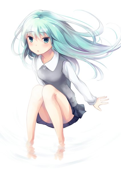 Anime picture 706x1000 with vocaloid hatsune miku hinakanin single long hair tall image blush simple background white background pleated skirt barefoot aqua eyes aqua hair bare legs girl skirt uniform school uniform