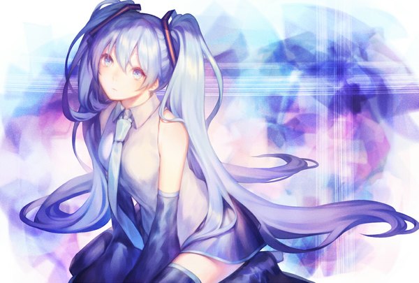 Anime picture 1000x675 with vocaloid hatsune miku sx (shouhou02) single looking at viewer blue eyes sitting twintails blue hair very long hair zettai ryouiki wariza girl skirt detached sleeves miniskirt necktie boots thigh boots vest