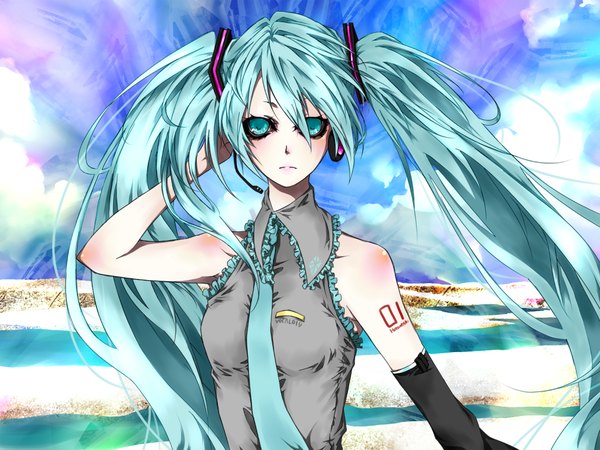 Anime picture 1024x768 with vocaloid hatsune miku tagme (artist) single long hair looking at viewer blush twintails upper body aqua eyes aqua hair body blush girl necktie headset