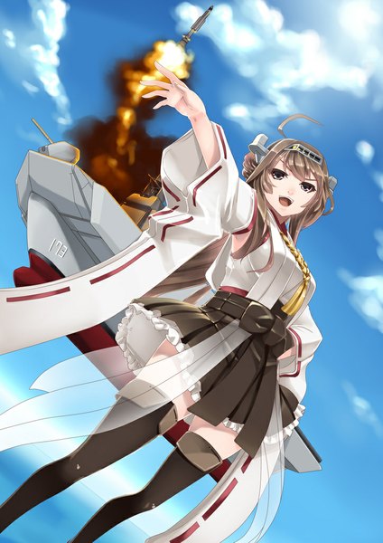 Anime picture 724x1024 with kantai collection kongou battleship hiememiko single long hair tall image open mouth brown hair sky cloud (clouds) black eyes zettai ryouiki nontraditional miko girl thighhighs dress hair ornament weapon black thighhighs detached sleeves