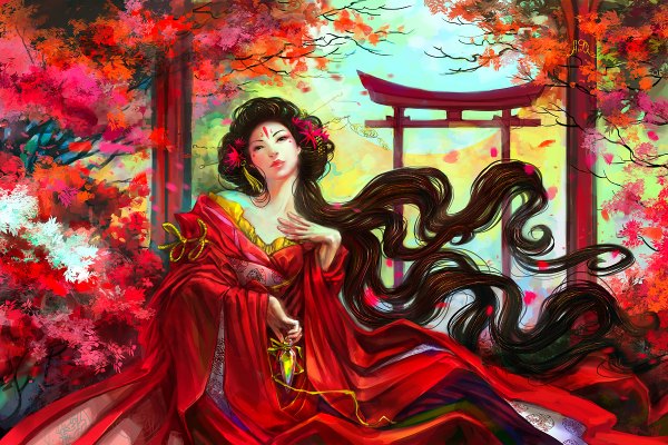 Anime picture 1200x800 with anndr (artist) single long hair brown hair bare shoulders brown eyes japanese clothes hair flower wind face paint girl hair ornament plant (plants) tree (trees) kimono leaf (leaves) bottle torii