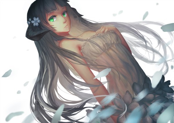 Anime picture 2688x1900 with original ghostas single long hair looking at viewer highres black hair white background bare shoulders green eyes horn (horns) girl dress flower (flowers) petals sundress