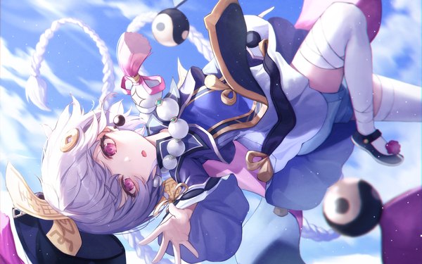 Anime picture 3000x1875 with genshin impact qiqi (genshin impact) chyopeuteu single looking at viewer blush fringe highres open mouth sky purple hair cloud (clouds) bent knee (knees) outdoors braid (braids) very long hair traditional clothes pink eyes wide sleeves single braid