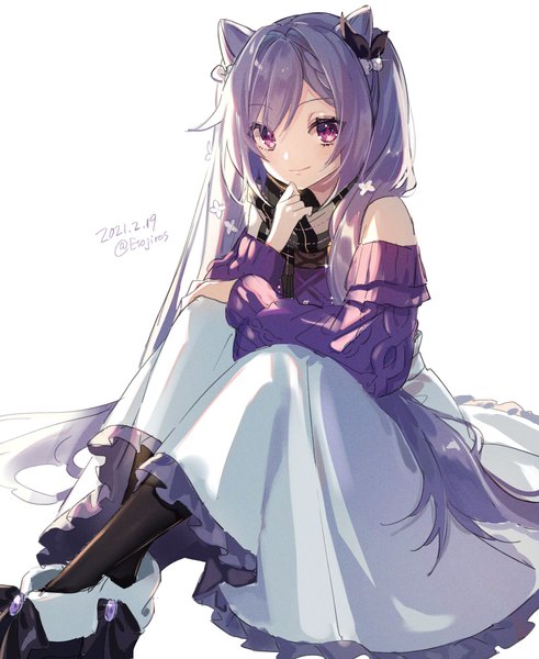 Anime picture 1614x1971 with genshin impact keqing (genshin impact) amaichi esora single tall image looking at viewer simple background smile white background sitting purple eyes twintails bare shoulders signed purple hair very long hair hair bun (hair buns) alternate costume twitter username dated