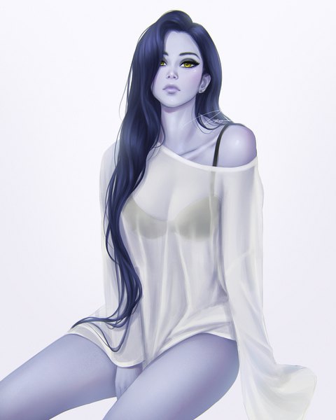 Anime picture 1000x1250 with overwatch blizzard entertainment widowmaker (overwatch) umigraphics single long hair tall image looking at viewer fringe breasts light erotic simple background sitting bare shoulders signed yellow eyes blue hair long sleeves hair over one eye realistic
