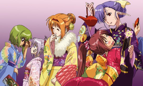 Anime picture 2166x1303 with shuffle! fuyou kaede lisianthus nerine shigure asa primula highres wide image japanese clothes kimono sakazuki hagoita