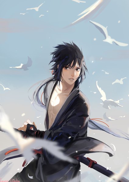Anime picture 1500x2121 with naruto studio pierrot naruto (series) uchiha izuna misaka801 single long hair tall image fringe black hair hair between eyes standing payot looking away sky parted lips wind wide sleeves grey eyes character names