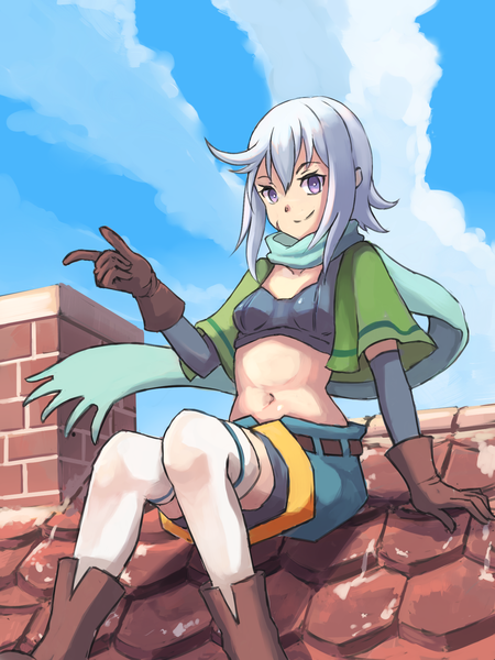 Anime picture 1500x2000 with kono subarashii sekai ni shukufuku wo! studio deen chris (konosuba) kecilang buzhang single tall image looking at viewer fringe short hair breasts light erotic smile hair between eyes sitting purple eyes payot sky silver hair cloud (clouds) ahoge