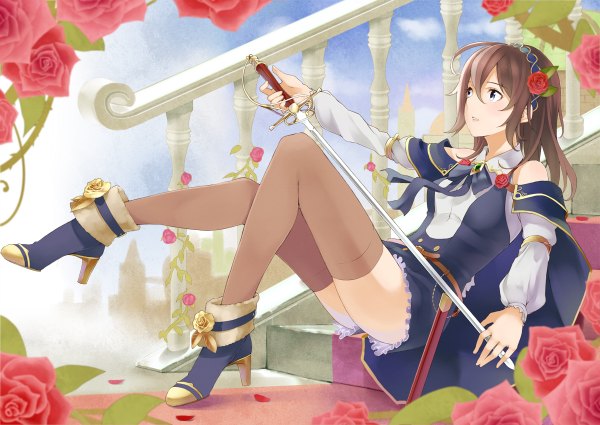 Anime picture 1200x850 with fantasy earth zero retsuna single long hair blue eyes brown hair looking away legs girl thighhighs dress flower (flowers) weapon detached sleeves petals sword shoes rose (roses) red rose stairs