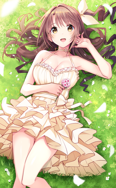 Anime picture 1542x2500 with idolmaster idolmaster cinderella girls shimamura uzuki u rin single long hair tall image looking at viewer blush fringe breasts open mouth smile hair between eyes brown hair large breasts bare shoulders holding brown eyes payot