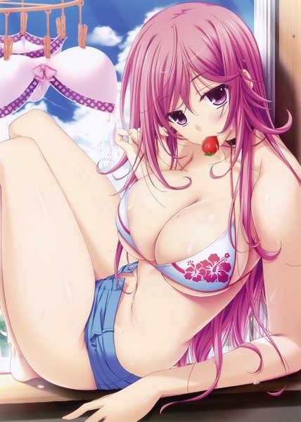 Anime picture 4108x5764 with namaiki - kissuisou e youkoso! esumi mei choco chip single long hair tall image highres breasts light erotic large breasts sitting purple eyes holding pink hair absurdres sky cloud (clouds) mouth hold girl underwear