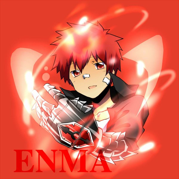 Anime picture 1000x1000 with katekyou hitman reborn enma kozato matsurinnu single looking at viewer open mouth simple background smile red eyes red hair inscription red background bandaid on face bandaid on nose boy gloves bandaid