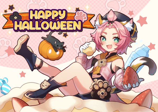 Anime picture 1527x1080 with genshin impact diona (genshin impact) saylamars single looking at viewer blush short hair open mouth green eyes animal ears pink hair full body tail :d animal tail cat ears bare legs cat girl cat tail halloween