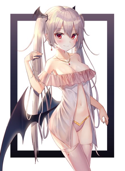 Anime picture 2440x3336 with original kyubi single long hair tall image looking at viewer blush fringe highres breasts light erotic simple background smile hair between eyes standing white background twintails bare shoulders cleavage silver hair