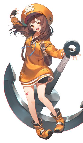 Anime picture 878x1500 with guilty gear guilty gear strive may (guilty gear) kotoribako single long hair tall image looking at viewer blush fringe open mouth simple background smile brown hair standing white background payot full body head tilt :d