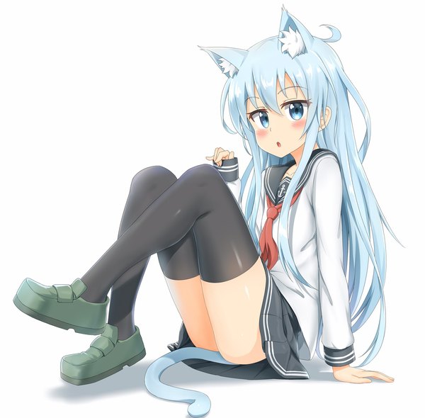 Anime picture 2048x2015 with kantai collection hibiki destroyer nedia (nedia region) single long hair looking at viewer blush highres blue eyes light erotic simple background white background sitting animal ears blue hair full body ass tail long sleeves parted lips