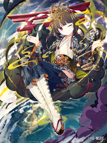 Anime picture 750x1000 with original benio (dontsugel) single long hair tall image looking at viewer blush black hair red eyes traditional clothes japanese clothes one eye closed wink girl hair ornament torii
