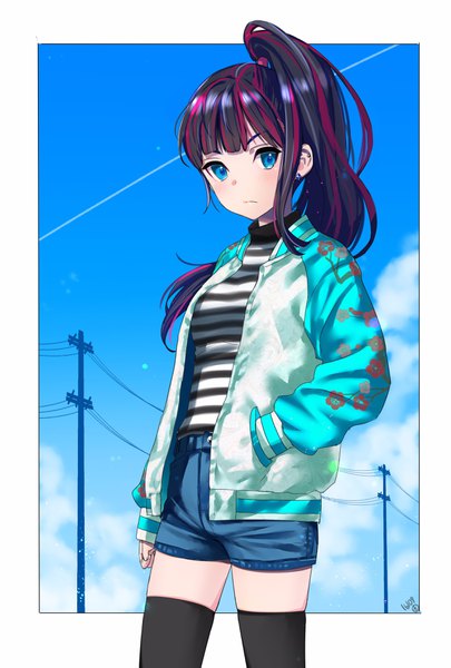 Anime picture 2480x3671 with original hieung single tall image blush fringe highres blue eyes black hair standing looking away pink hair sky cloud (clouds) ponytail multicolored hair open jacket two-tone hair zettai ryouiki streaked hair