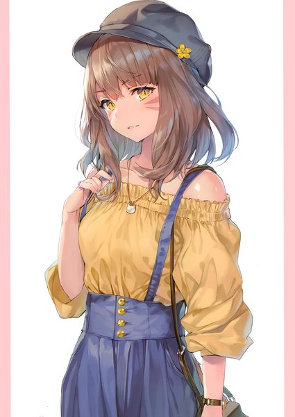 Anime picture 2093x2952 with final fantasy final fantasy xiv square enix miqo'te momoko (momopoco) single long hair tall image looking at viewer blush fringe highres breasts simple background hair between eyes brown hair standing white background bare shoulders yellow eyes