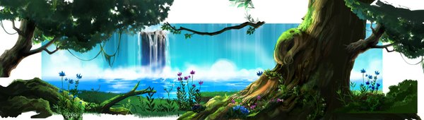 Anime picture 1760x500 with mugon highres wide image landscape nature waterfall panorama flower (flowers) plant (plants) tree (trees) water