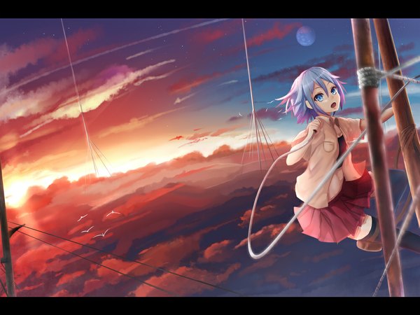 Anime picture 1000x750 with original wameka mi looking at viewer short hair open mouth blue eyes blue hair sky cloud (clouds) from above sunlight open clothes open shirt evening sunset landscape girl thighhighs skirt black thighhighs