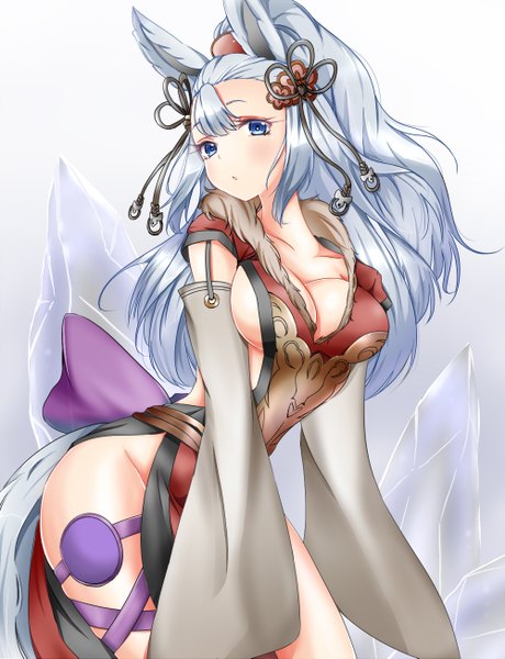 Anime picture 1000x1303 with granblue fantasy socie (granblue fantasy) gachapon (artist) single long hair tall image looking at viewer blush fringe breasts blue eyes light erotic large breasts standing animal ears cleavage silver hair ponytail tail animal tail