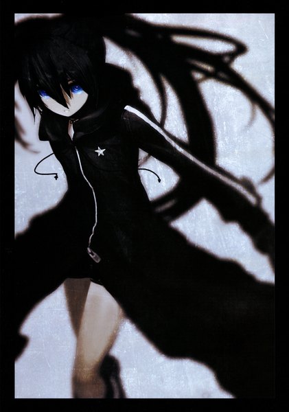 Anime picture 1584x2256 with black rock shooter black rock shooter (character) huke single long hair tall image looking at viewer blue eyes black hair twintails framed girl hood cloak grunge