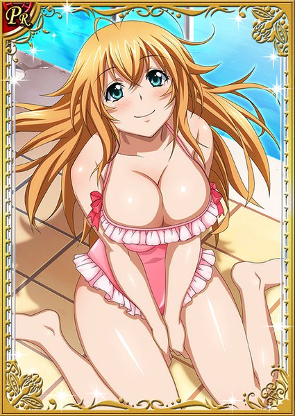 Anime picture 567x800 with ikkitousen sonsaku hakufu single long hair tall image looking at viewer blush fringe breasts blue eyes light erotic blonde hair smile hair between eyes sitting ahoge barefoot from above shiny skin wariza