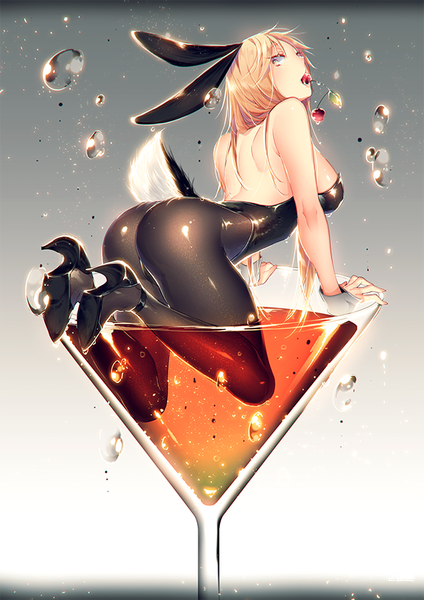 Anime picture 620x877 with world trigger toei animation izumi kouhei pepper fever single long hair tall image fringe breasts light erotic simple background blonde hair holding animal ears yellow eyes ass tail animal tail looking back high heels