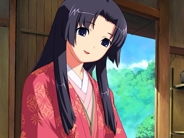 Anime picture 1024x768 with routes blue eyes black hair game cg japanese clothes girl kimono