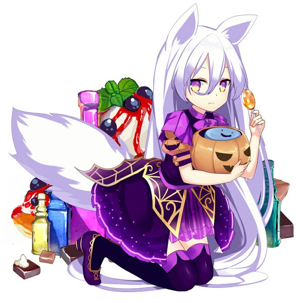 Anime picture 782x800 with original nyori single tall image looking at viewer blush fringe simple background hair between eyes white background purple eyes holding animal ears white hair tail very long hair animal tail fox ears kneeling fox tail