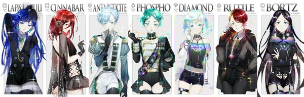 Аниме картинка 2442x783 с страна самоцветов phosphophyllite diamond (houseki no kuni) bort cinnabar (houseki no kuni) antarcticite lapis lazuli (houseki no kuni) rutile (houseki no kuni) ekita xuan один (одна) длинные волосы смотрит на зрителя чёлка высокое разрешение короткие волосы голубые глаза чёрные волосы простой фон светлые волосы улыбка