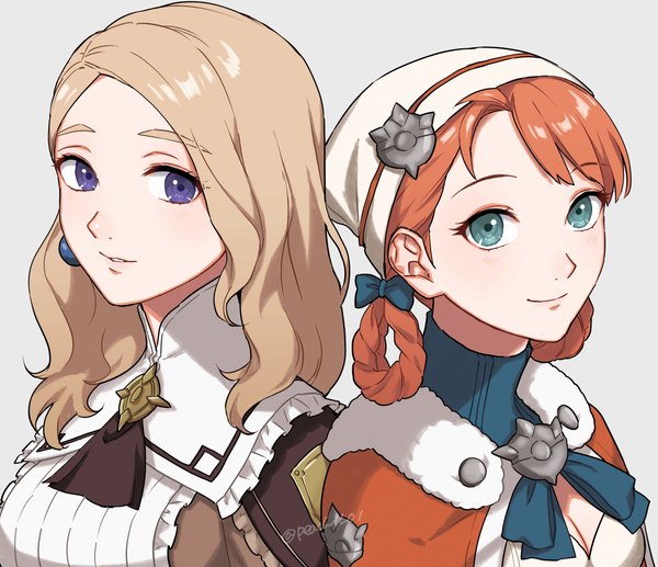 Anime picture 1886x1626 with fire emblem fire emblem: three houses fire emblem warriors: three hopes nintendo mercedes von martritz annette fantine dominic peach11 01 long hair looking at viewer highres simple background blonde hair purple eyes multiple girls signed aqua eyes orange hair grey background twitter username hair rings