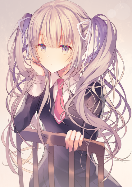 Anime picture 1702x2400 with original yosuga ioru single long hair tall image looking at viewer blush fringe highres simple background hair between eyes sitting purple eyes twintails payot silver hair blunt bangs long sleeves fingernails grey background