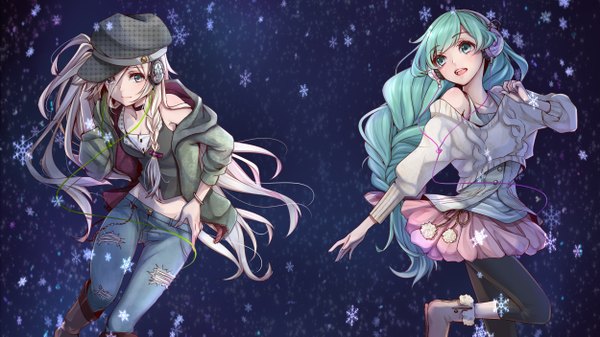 Anime picture 2500x1406 with vocaloid pixiv hatsune miku ia (vocaloid) masami chie long hair looking at viewer highres blue eyes blonde hair wide image aqua eyes torn clothes snowing winter alternate hairstyle girl skirt hat jacket