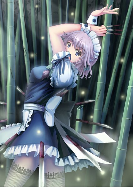 Anime picture 728x1024 with touhou izayoi sakuya ti-tang single tall image looking at viewer short hair blue eyes braid (braids) grey hair maid girl thighhighs dress uniform plant (plants) headdress maid headdress knife fishnet stockings