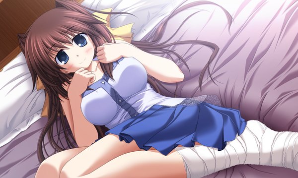 Anime picture 1024x614 with primitive link purple software blue eyes light erotic brown hair wide image game cg girl bandage (bandages)
