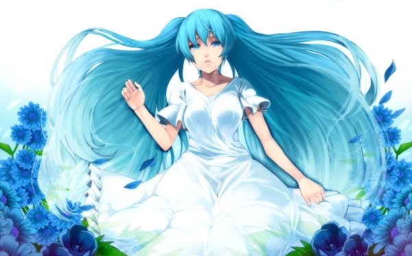 Anime picture 1200x748 with vocaloid hatsune miku irohara mitabi blue eyes wide image twintails blue hair very long hair tears girl dress flower (flowers)