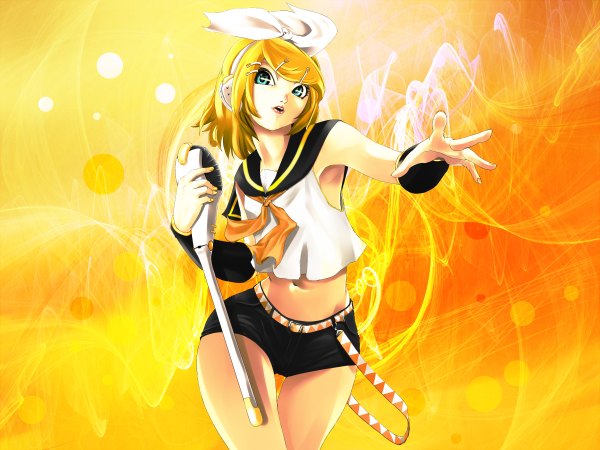 Anime picture 2400x1800 with vocaloid kagamine rin hamu no jin highres short hair blonde hair green eyes midriff yellow background girl navel hair ornament bow hair bow detached sleeves shorts bobby pin microphone
