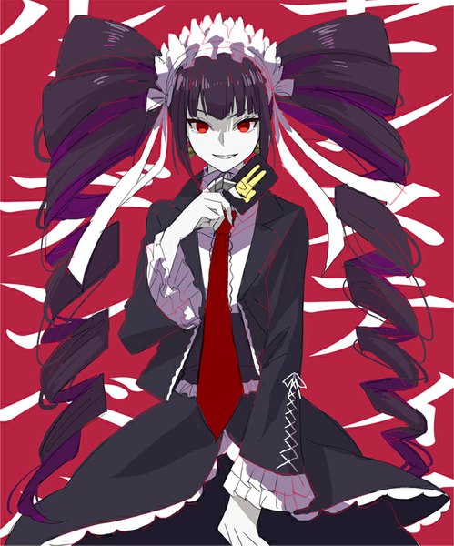 Anime picture 711x855 with dangan ronpa celestia ludenberg okuragon single long hair tall image looking at viewer fringe black hair smile red eyes twintails drill hair lolita fashion goth-loli girl necktie lolita hairband