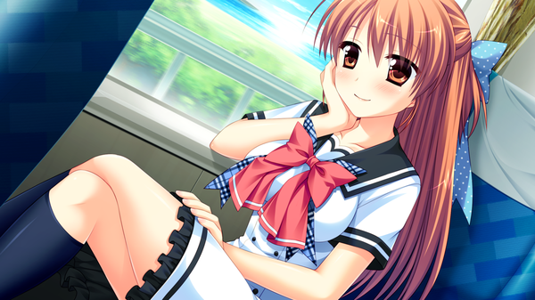 Anime picture 1280x720 with natsu koi high pressure shinonome misaki ayamisiro single long hair blush breasts smile brown hair wide image large breasts sitting brown eyes game cg sky cloud (clouds) crossed legs half updo train interior girl