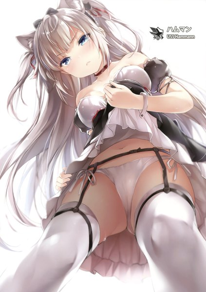 Anime picture 2326x3300 with azur lane hammann (azur lane) chiyingzai single long hair tall image looking at viewer blush fringe highres breasts blue eyes light erotic simple background white background bare shoulders animal ears silver hair cat ears scan