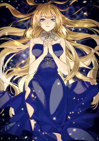 Anime picture 1500x2129 with dr. stone ruri (dr. stone) doran7280 single long hair tall image looking at viewer blue eyes blonde hair bare shoulders sparkle copyright name side slit hands clasped interlocked fingers girl dress strapless dress