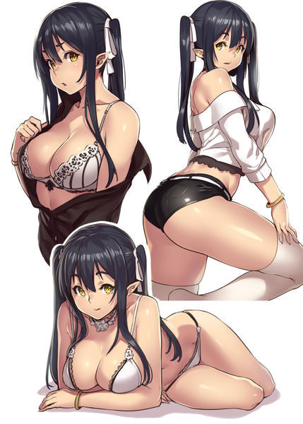 Anime picture 1555x2175 with original houtengeki long hair tall image looking at viewer breasts light erotic black hair large breasts twintails multiple girls yellow eyes cleavage pointy ears multiple persona girl thighhighs underwear panties ribbon (ribbons)